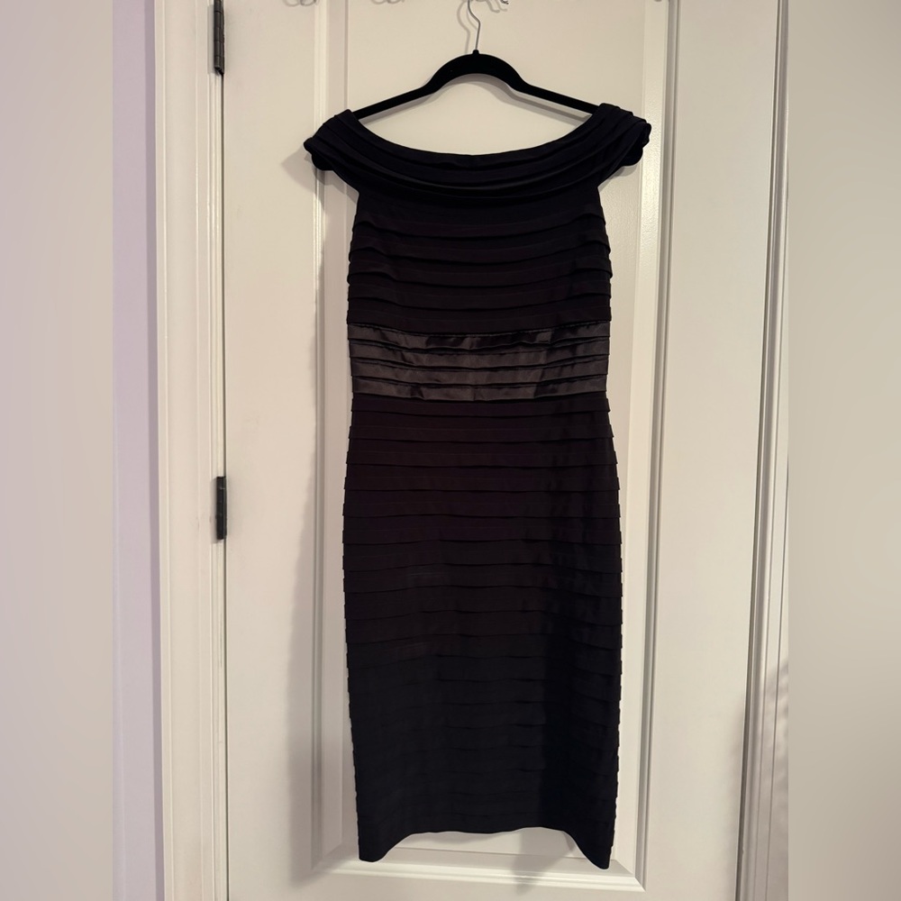 Xscape Black Off-Shoulder Layered Midi Dress